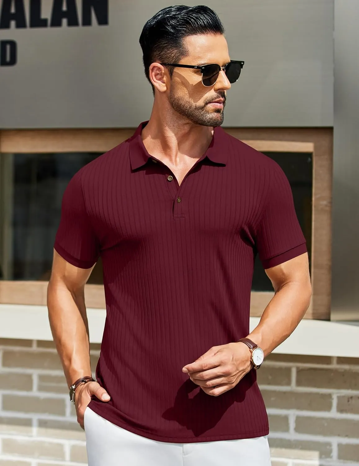 COOFANDY Men's Textured Polo Shirts Short Sleeve Slim Fit Casual Button Polo T-Shirt Summer Collared Golf Shirt