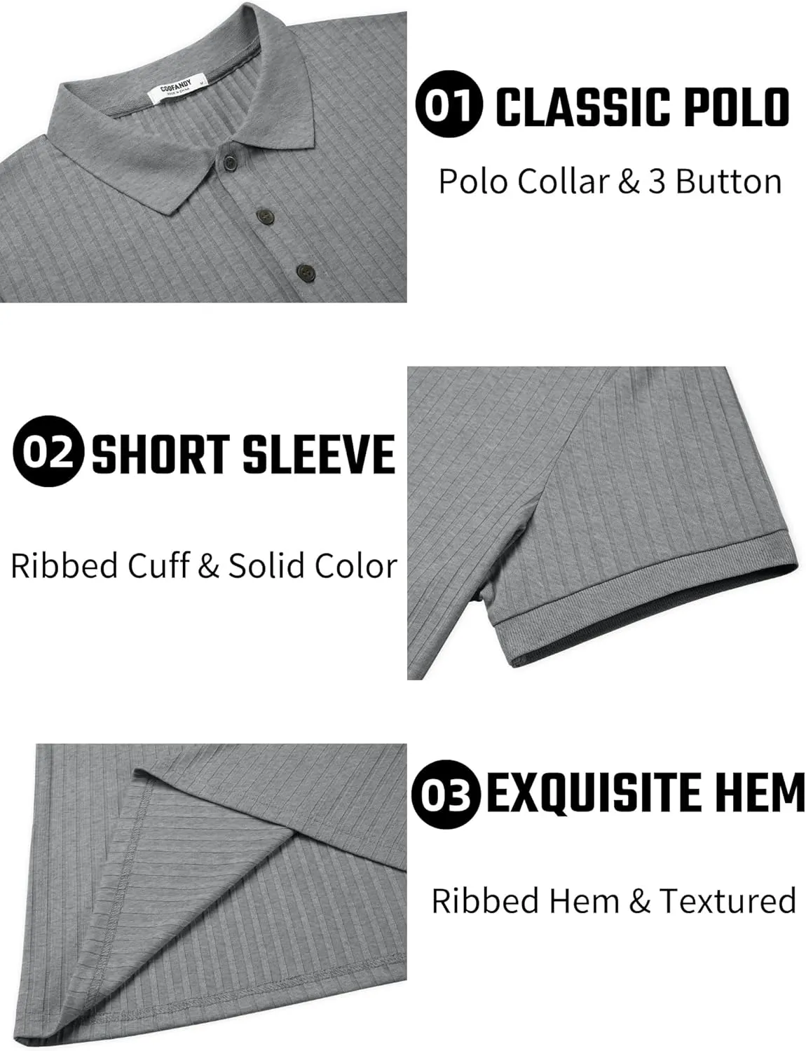 COOFANDY Men's Textured Polo Shirts Short Sleeve Slim Fit Casual Button Polo T-Shirt Summer Collared Golf Shirt
