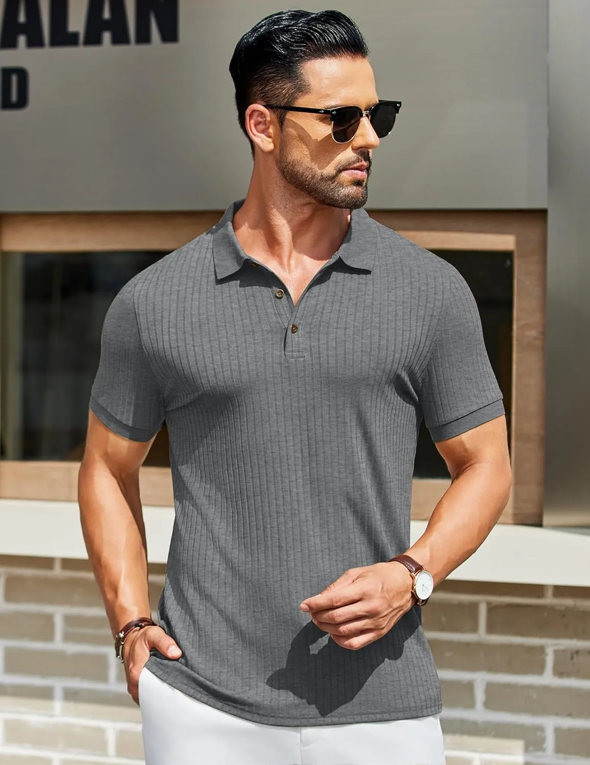 COOFANDY Men's Textured Polo Shirts Short Sleeve Slim Fit Casual Button Polo T-Shirt Summer Collared Golf Shirt