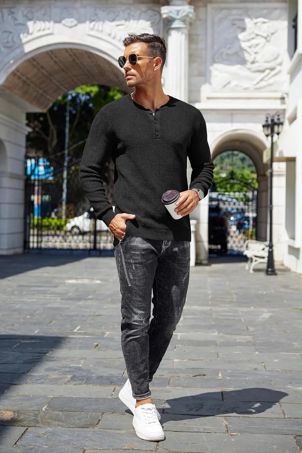 COOFANDY Men's Waffle Henley Shirts Crewneck Lightweight Sweater Long Sleeve Causal Knitted Pullover T Shirt