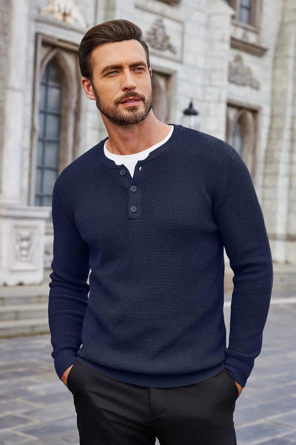 COOFANDY Men's Waffle Henley Shirts Crewneck Lightweight Sweater Long Sleeve Causal Knitted Pullover T Shirt