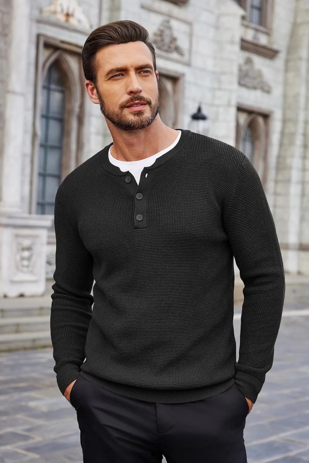 COOFANDY Men's Waffle Henley Shirts Crewneck Lightweight Sweater Long Sleeve Causal Knitted Pullover T Shirt