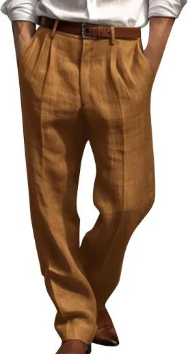 Cotton Linen Pants for Men Pleated Front Trouser Straight Leg Suit Pant Casual Solid Color Office Trousers