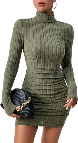 COZYEASE Women's Rib Knit Ruched Long Sleeve Short Bodycon Dresses High Neck Slim Fit High Waist Sweater Dress