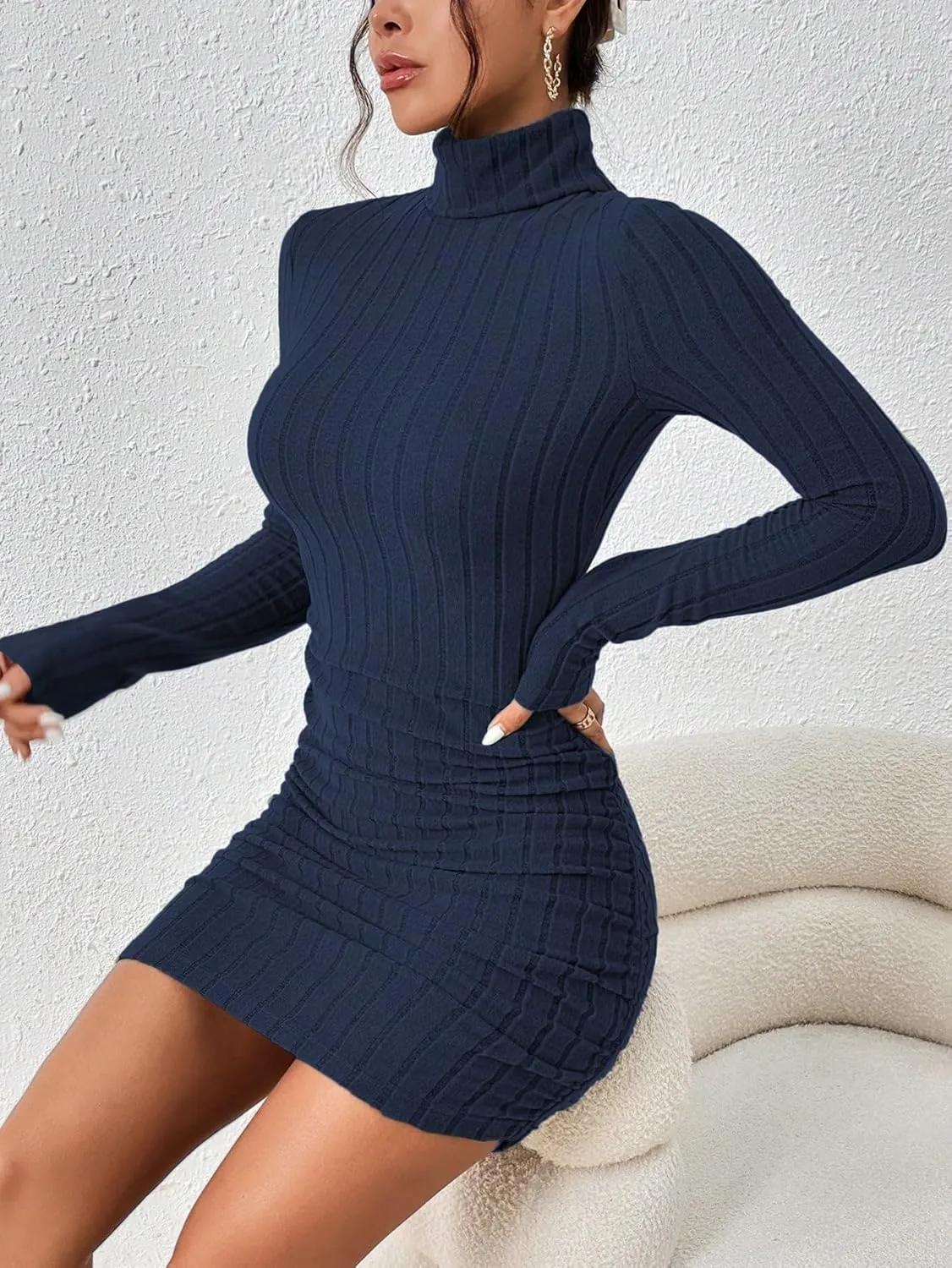 COZYEASE Women's Rib Knit Ruched Long Sleeve Short Bodycon Dresses High Neck Slim Fit High Waist Sweater Dress