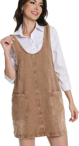 Denim Skirtall Dress for Women Jean High Roller Overalls Fashion Casual Sleeveless Mini Dress Jumper with Pockets
