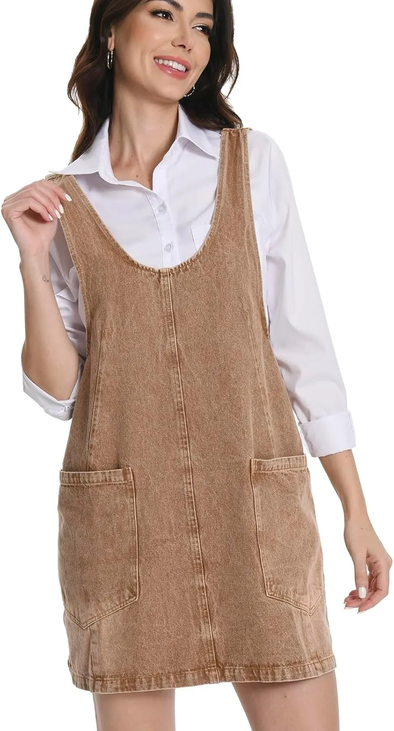 Denim Skirtall Dress for Women Jean High Roller Overalls Fashion Casual Sleeveless Mini Dress Jumper with Pockets