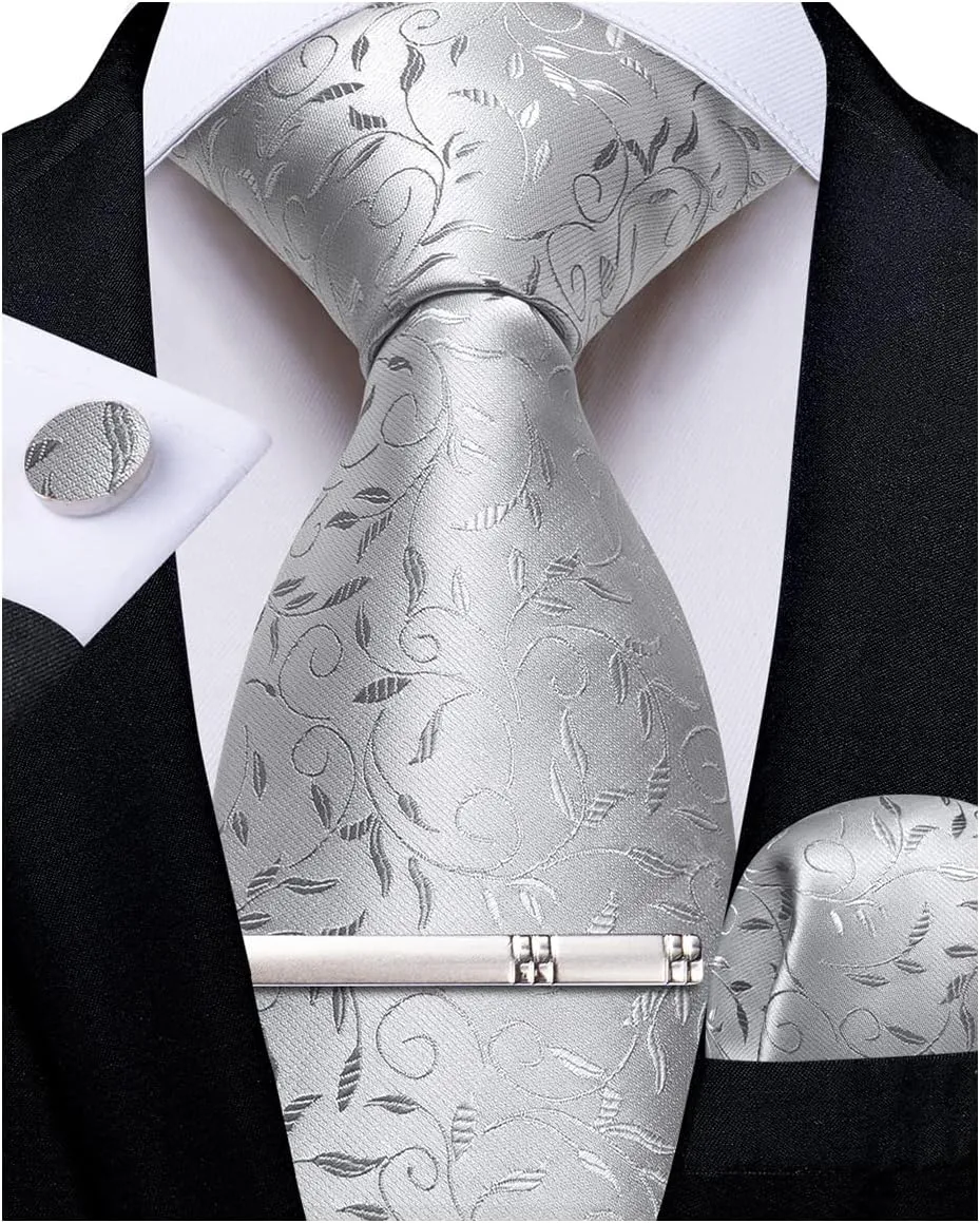 DiBanGu Silk Floral Ties for Men Woven Paisley Necktie and Tie Clip Handkerchief Cufflinks Set for Party Wedding