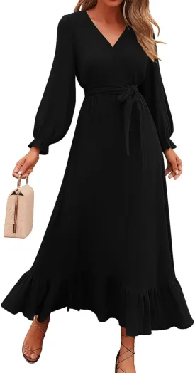 Dresses for Women Long Sleeve V Neck Swiss Dots Maxi Dress Boho Long Dress High Waisted A-Line Ruffle Dress