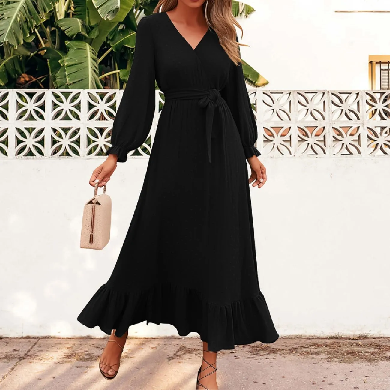 Dresses for Women Long Sleeve V Neck Swiss Dots Maxi Dress Boho Long Dress High Waisted A-Line Ruffle Dress