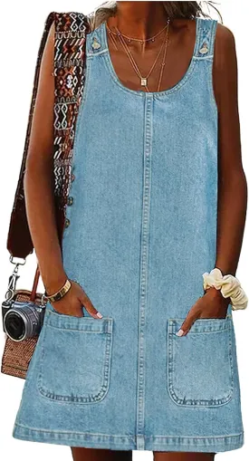 ebossy Women's Vintage Distressed Sleeveless Baggy Loose Denim Mini Dress with Pocket