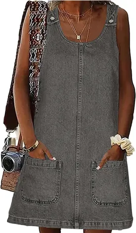ebossy Women's Vintage Distressed Sleeveless Baggy Loose Denim Mini Dress with Pocket