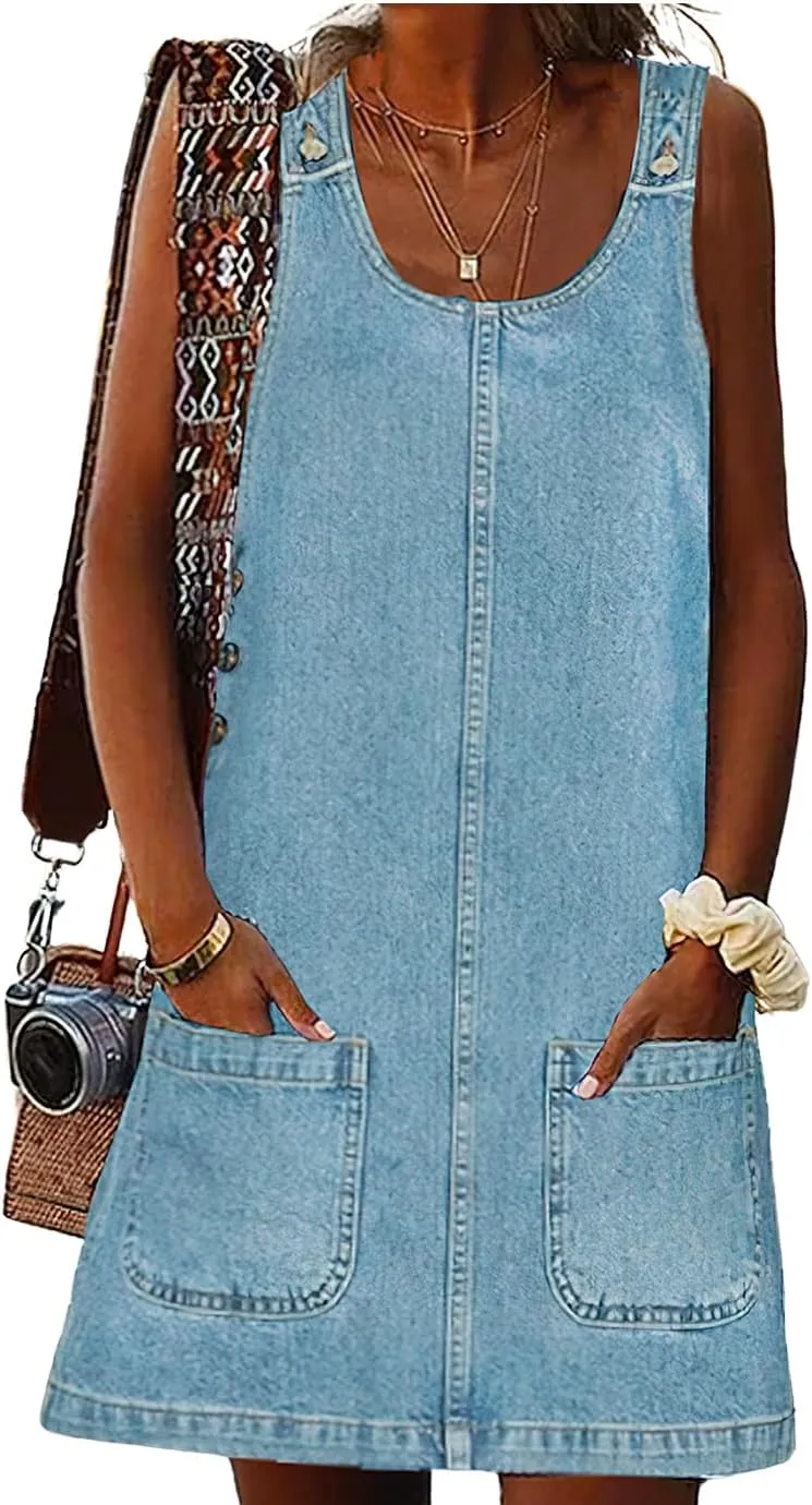 ebossy Women's Vintage Distressed Sleeveless Baggy Loose Denim Mini Dress with Pocket