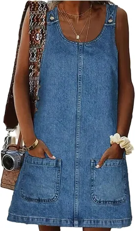 ebossy Women's Vintage Distressed Sleeveless Baggy Loose Denim Mini Dress with Pocket