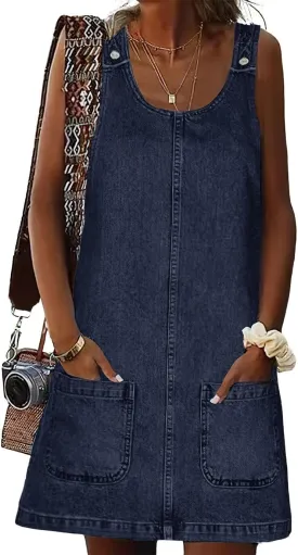 ebossy Women's Vintage Distressed Sleeveless Baggy Loose Denim Mini Dress with Pocket