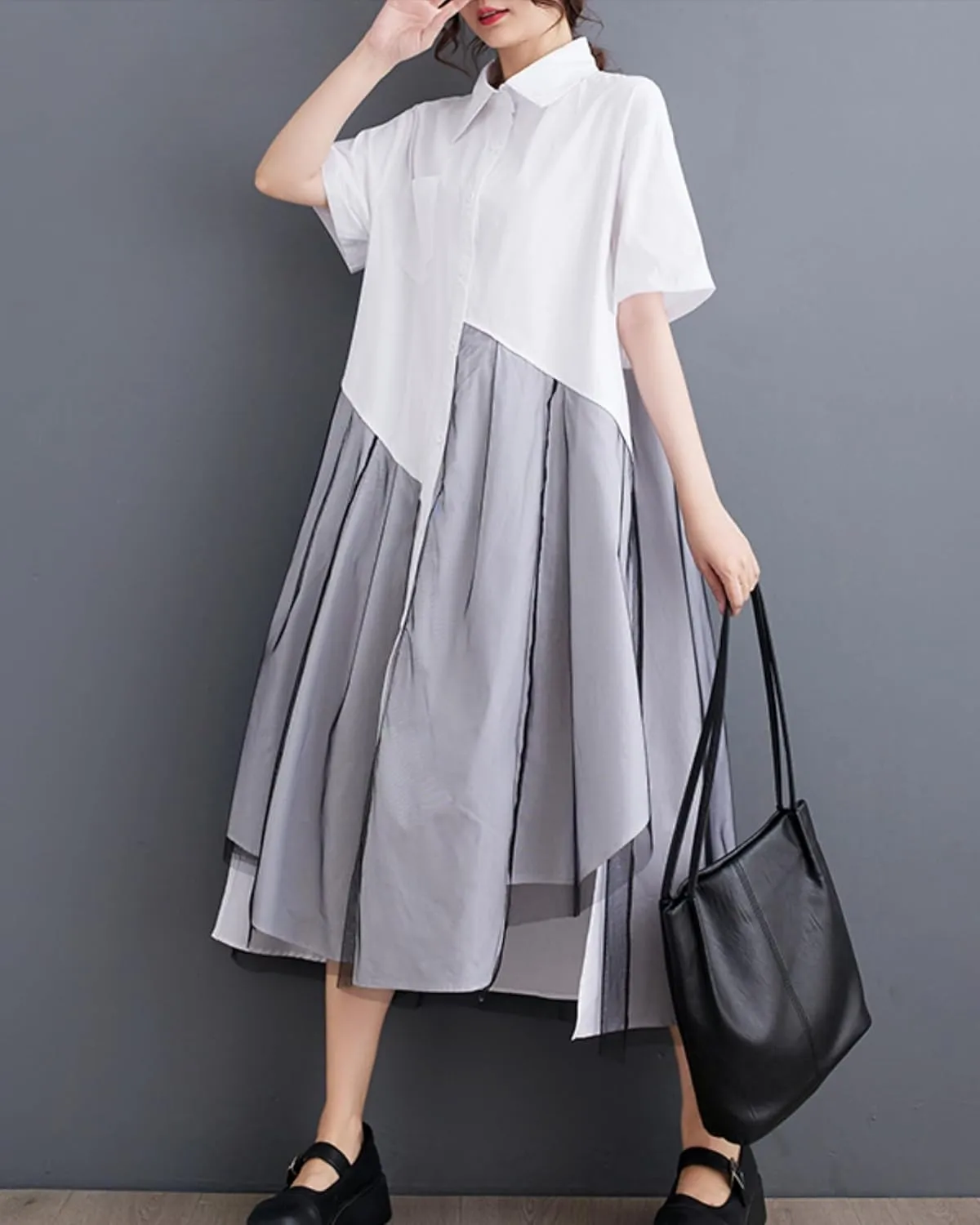 ellazhu Women's Short Sleeves Solid Color Irregular Hem Casual Shirt Dress GZ175