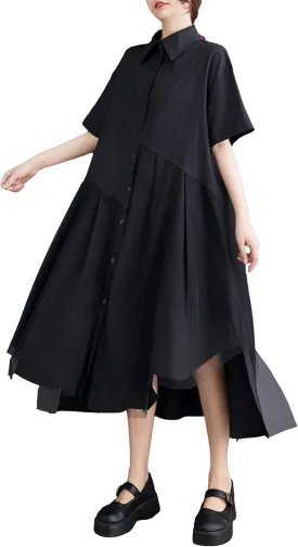 ellazhu Women's Short Sleeves Solid Color Irregular Hem Casual Shirt Dress GZ175
