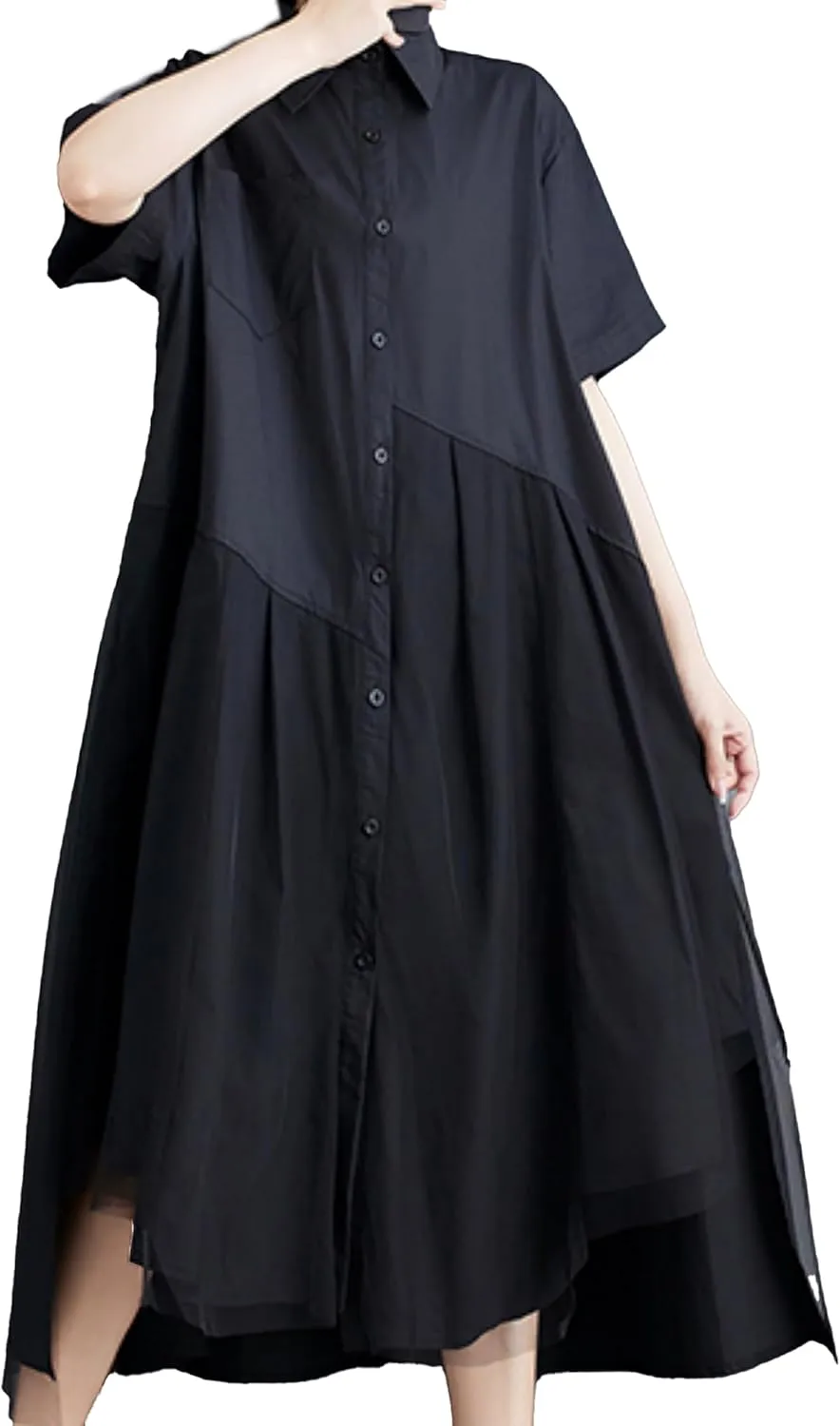 ellazhu Women's Short Sleeves Solid Color Irregular Hem Casual Shirt Dress GZ175