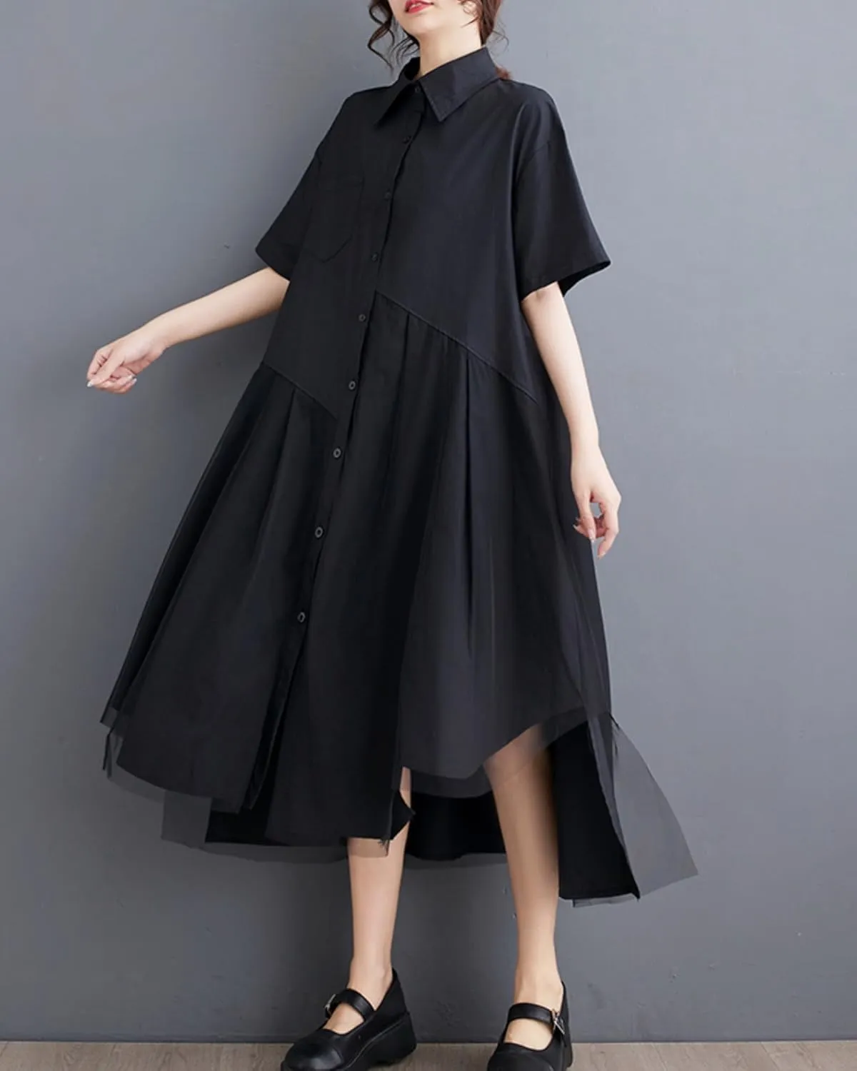 ellazhu Women's Short Sleeves Solid Color Irregular Hem Casual Shirt Dress GZ175