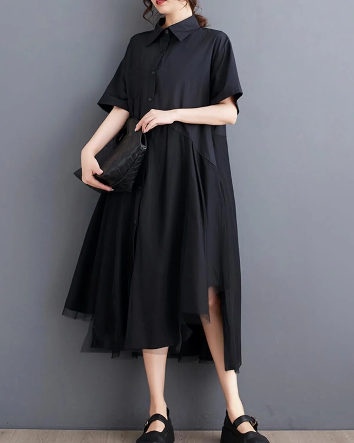 ellazhu Women's Short Sleeves Solid Color Irregular Hem Casual Shirt Dress GZ175