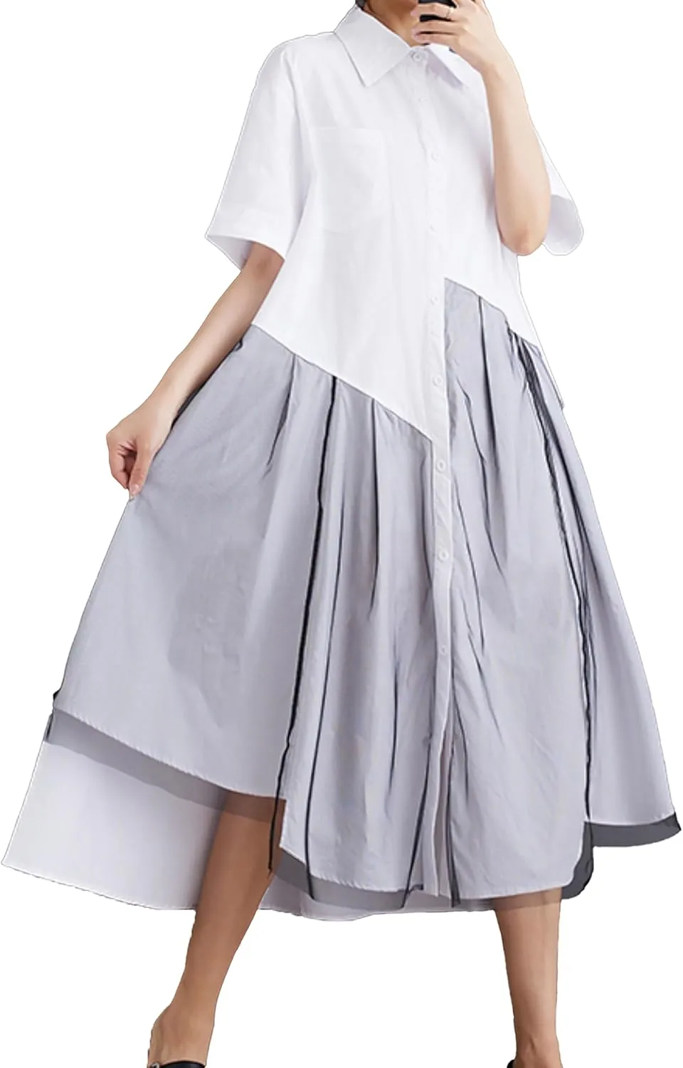 ellazhu Women's Short Sleeves Solid Color Irregular Hem Casual Shirt Dress GZ175