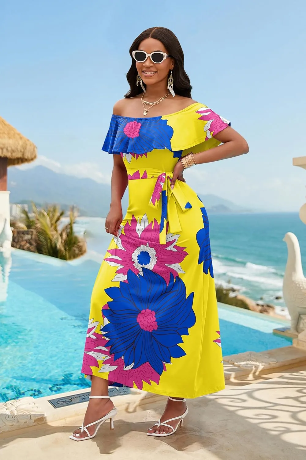 FANDEE Maxi Dress for Women Off The Shoulder Ruffle Floral Print Beach Dress Casual Vacation Waist Tie Summer Long Dress