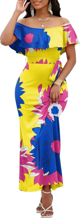 FANDEE Maxi Dress for Women Off The Shoulder Ruffle Floral Print Beach Dress Casual Vacation Waist Tie Summer Long Dress