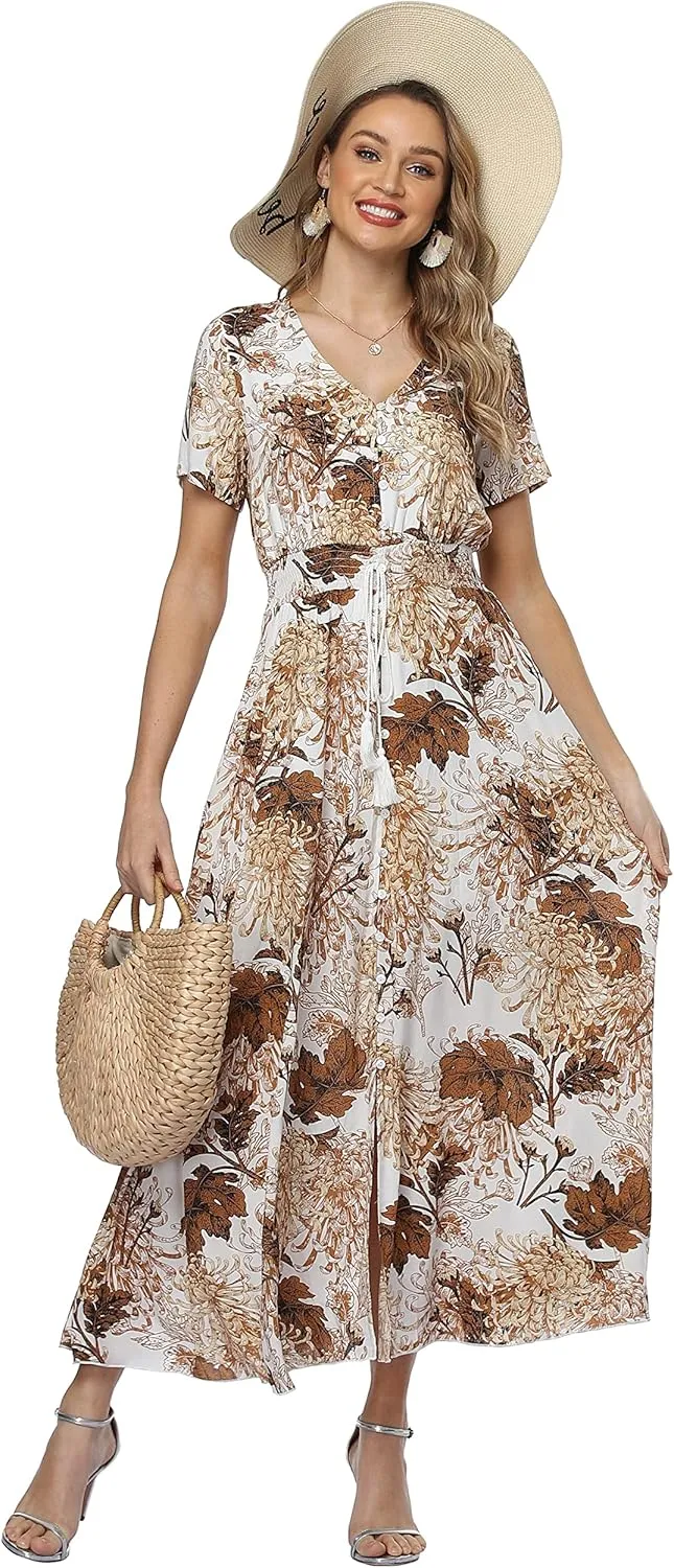Ferrendo Women's Floral Maxi Dress Button Up Split Flowy Bohemian Party Beach Dresses