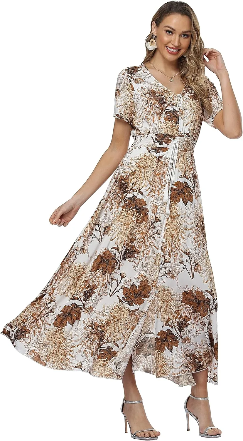 Ferrendo Women's Floral Maxi Dress Button Up Split Flowy Bohemian Party Beach Dresses
