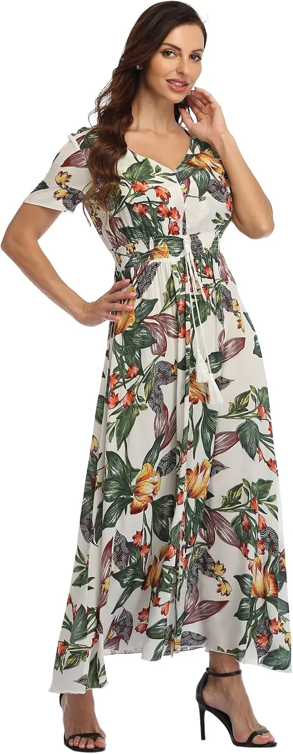 Ferrendo Women's Floral Maxi Dress Button Up Split Flowy Bohemian Party Beach Dresses