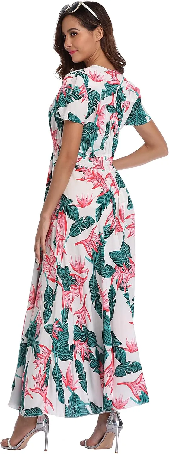 Ferrendo Women's Floral Maxi Dress Button Up Split Flowy Bohemian Party Beach Dresses