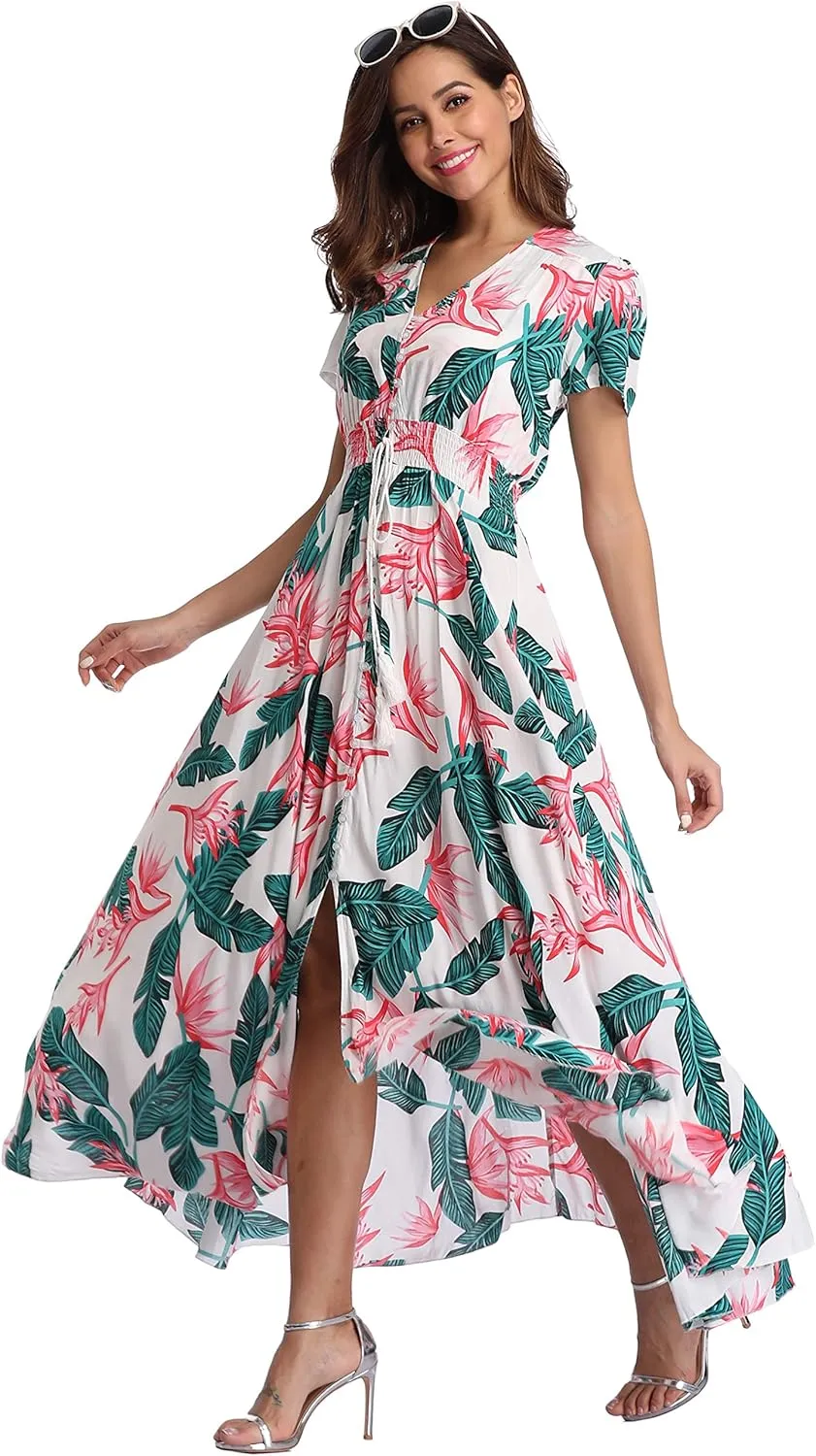 Ferrendo Women's Floral Maxi Dress Button Up Split Flowy Bohemian Party Beach Dresses