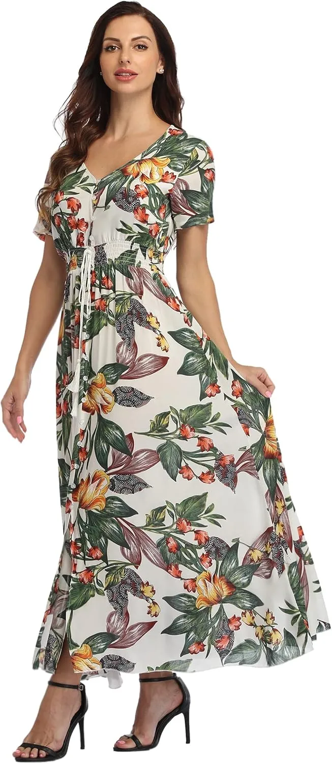Ferrendo Women's Floral Maxi Dress Button Up Split Flowy Bohemian Party Beach Dresses