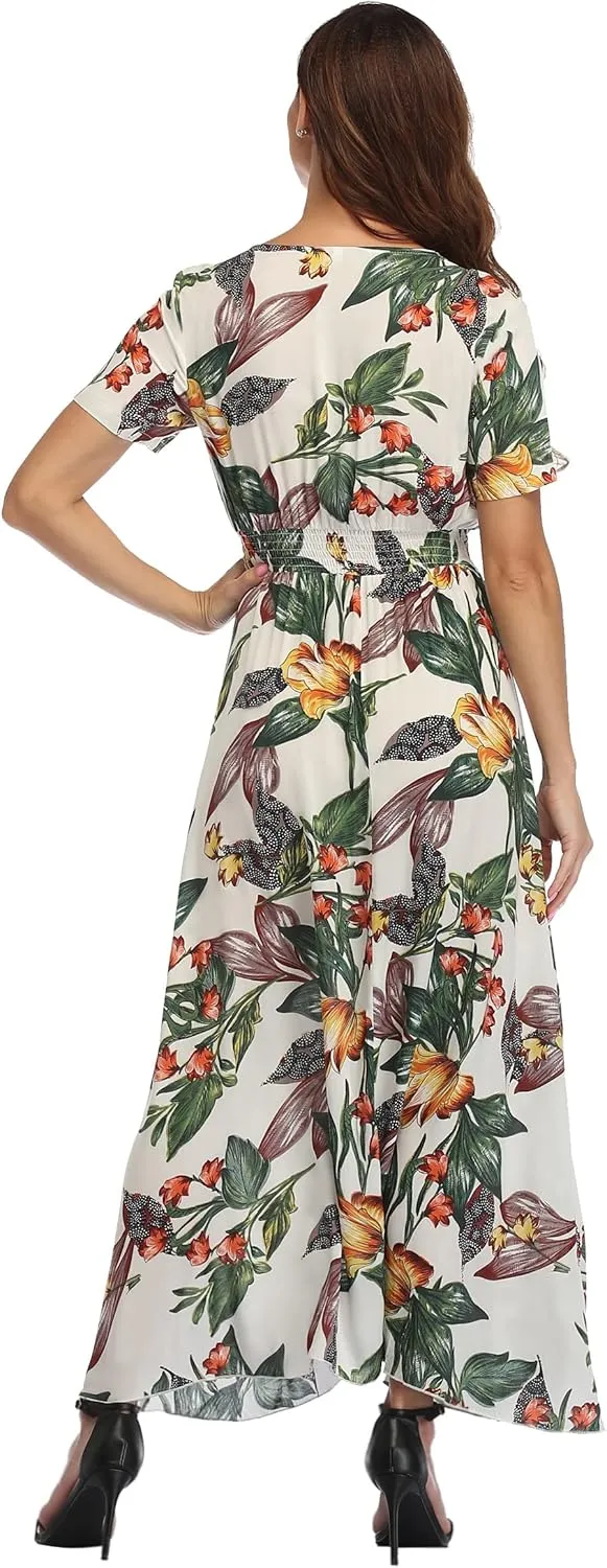 Ferrendo Women's Floral Maxi Dress Button Up Split Flowy Bohemian Party Beach Dresses
