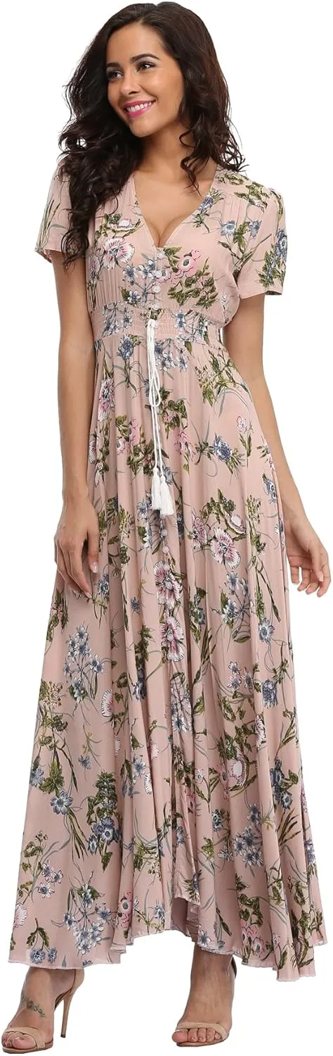 Ferrendo Women's Floral Maxi Dress Button Up Split Flowy Bohemian Party Beach Dresses