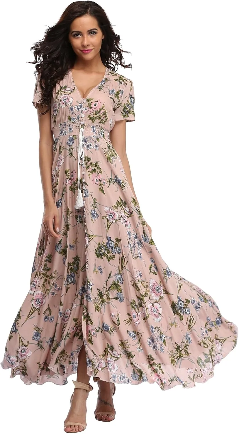 Ferrendo Women's Floral Maxi Dress Button Up Split Flowy Bohemian Party Beach Dresses