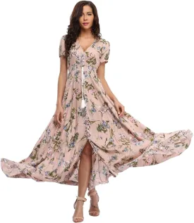 Ferrendo Women's Floral Maxi Dress Button Up Split Flowy Bohemian Party Beach Dresses
