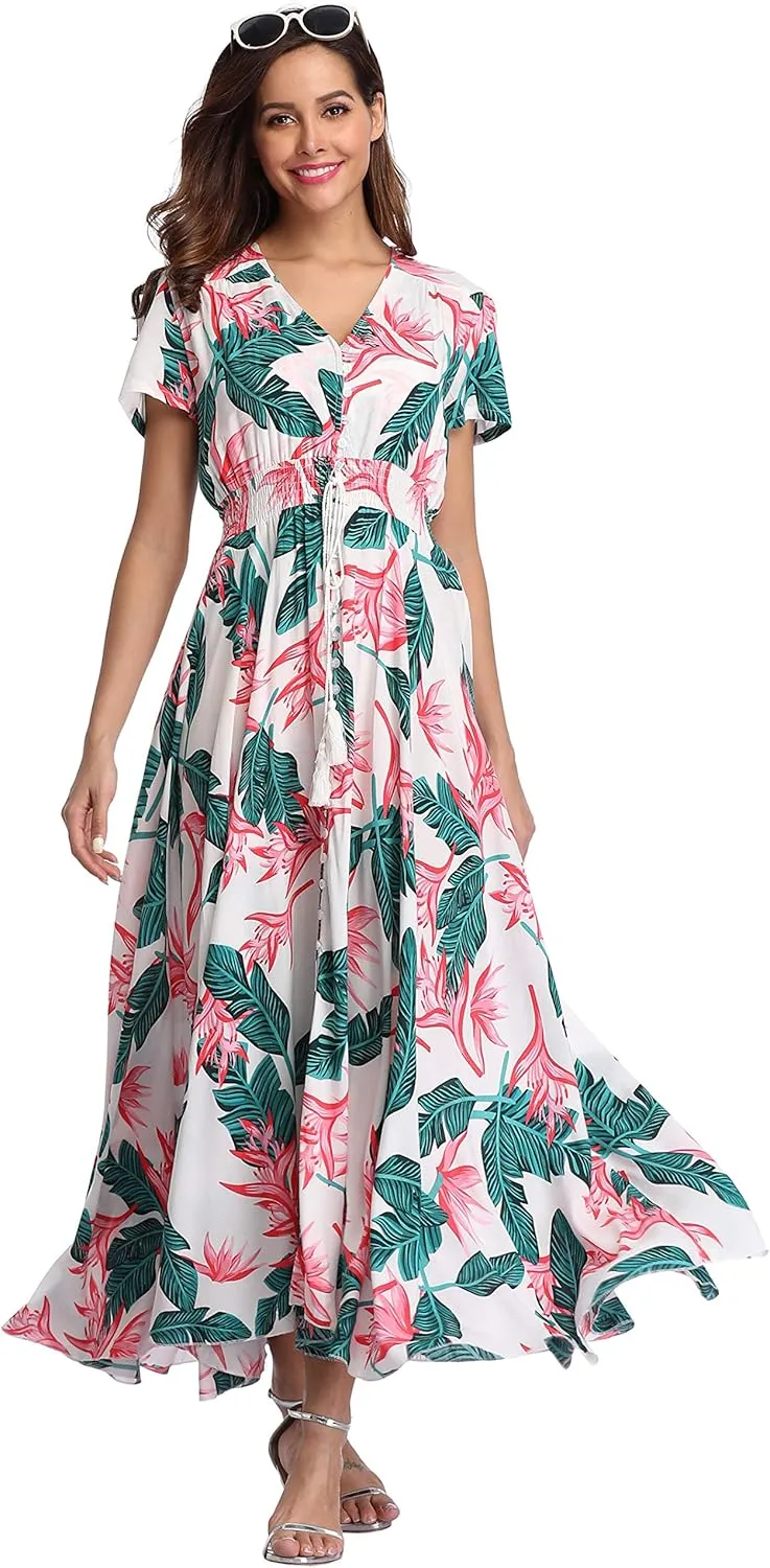 Ferrendo Women's Floral Maxi Dress Button Up Split Flowy Bohemian Party Beach Dresses
