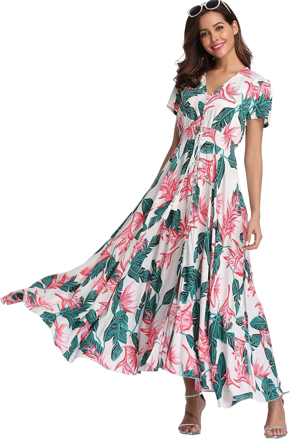 Ferrendo Women's Floral Maxi Dress Button Up Split Flowy Bohemian Party Beach Dresses