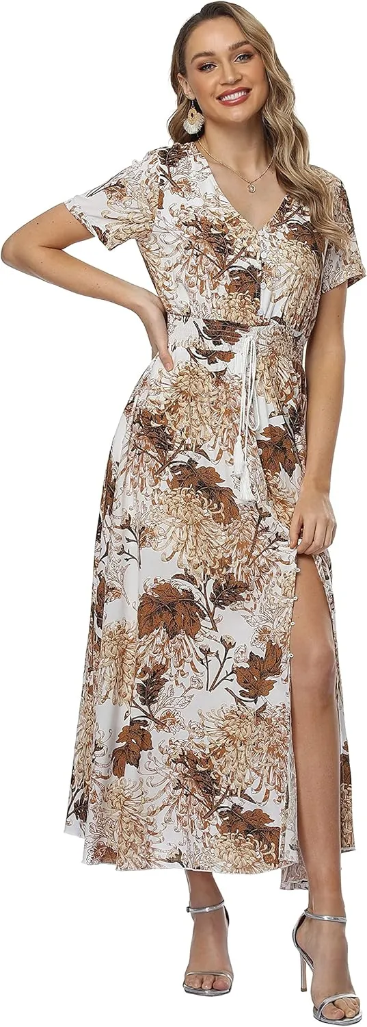 Ferrendo Women's Floral Maxi Dress Button Up Split Flowy Bohemian Party Beach Dresses