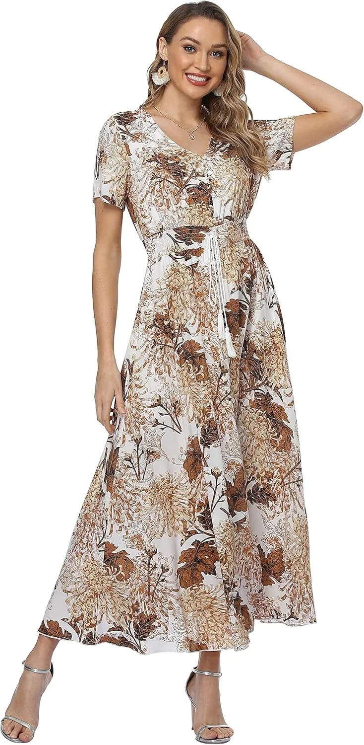 Ferrendo Women's Floral Maxi Dress Button Up Split Flowy Bohemian Party Beach Dresses