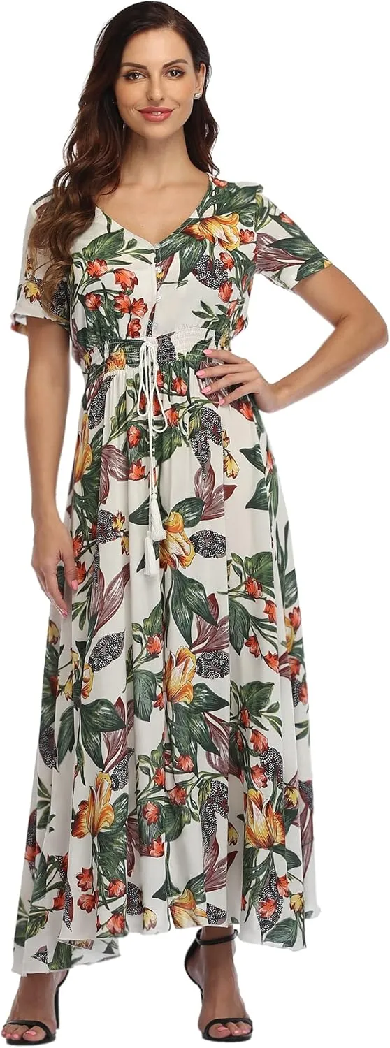 Ferrendo Women's Floral Maxi Dress Button Up Split Flowy Bohemian Party Beach Dresses