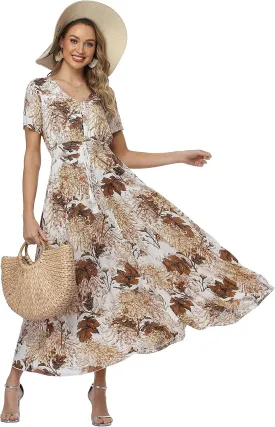 Ferrendo Women's Floral Maxi Dress Button Up Split Flowy Bohemian Party Beach Dresses