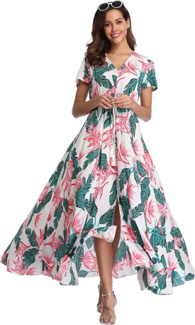 Ferrendo Women's Floral Maxi Dress Button Up Split Flowy Bohemian Party Beach Dresses
