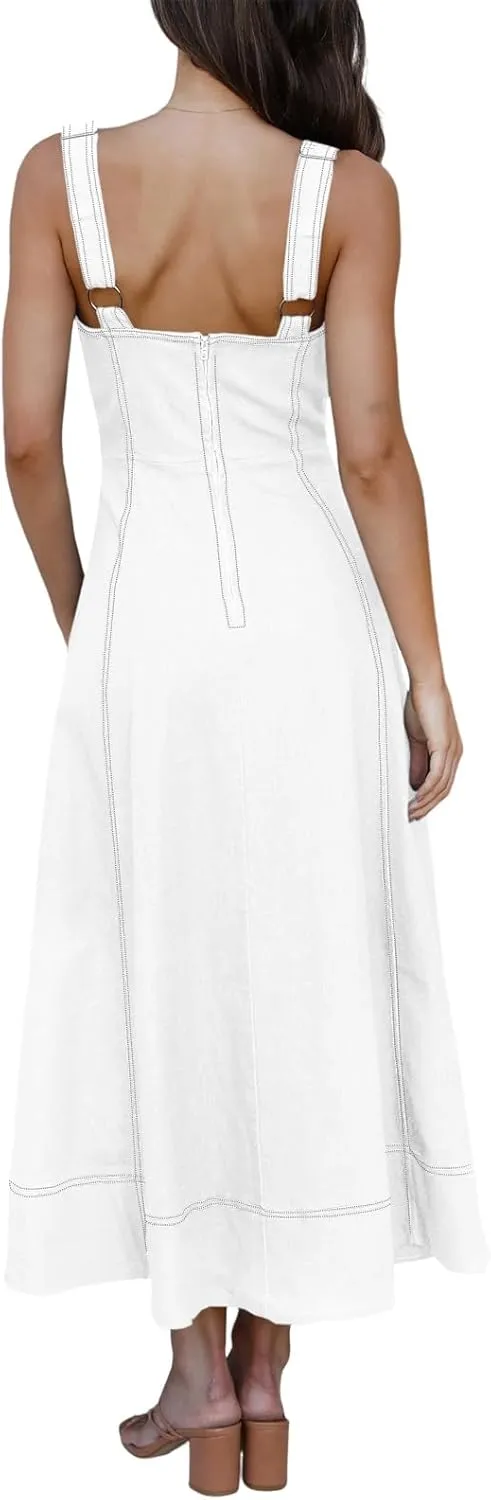 Fisoew Women's Long Denim Dress Sleeveless Adjustable Straps A Line Maxi Dress with Pockets
