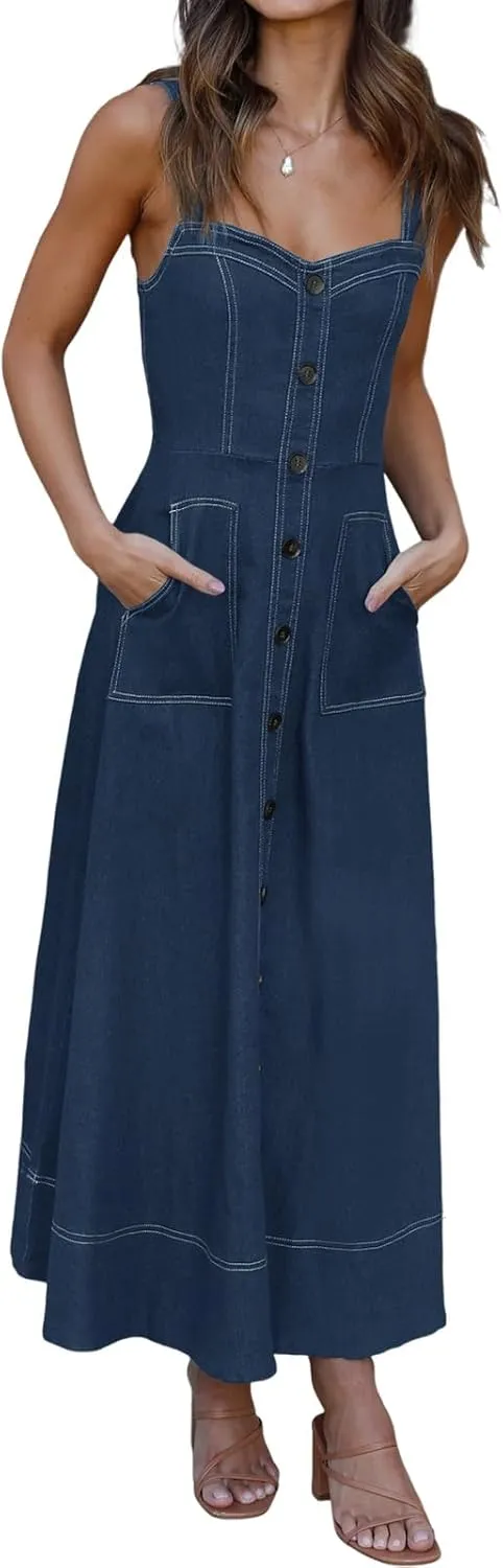 Fisoew Women's Long Denim Dress Sleeveless Adjustable Straps A Line Maxi Dress with Pockets