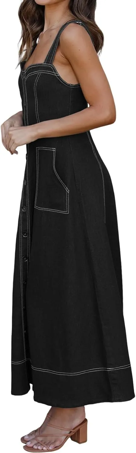 Fisoew Women's Long Denim Dress Sleeveless Adjustable Straps A Line Maxi Dress with Pockets
