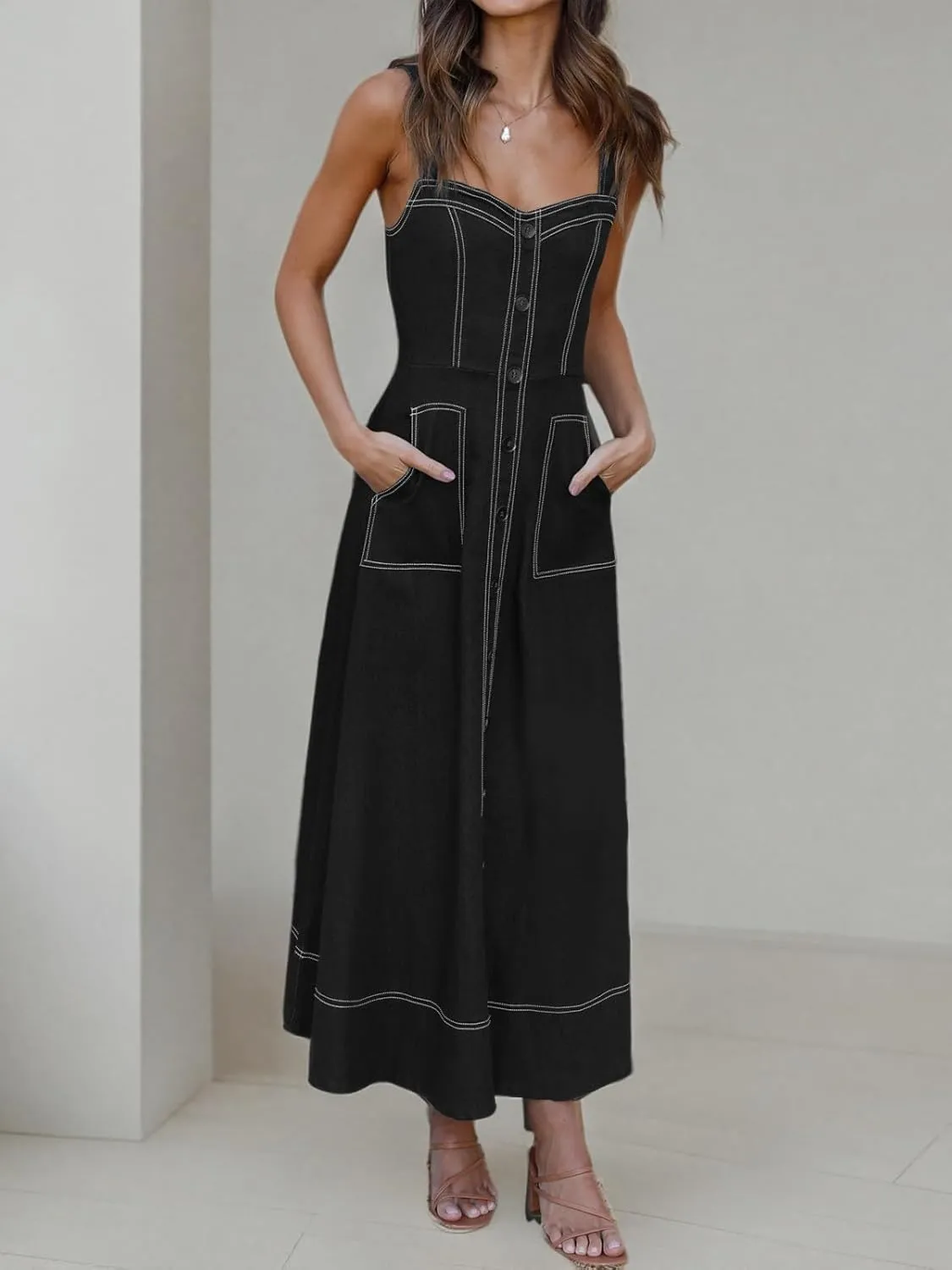 Fisoew Women's Long Denim Dress Sleeveless Adjustable Straps A Line Maxi Dress with Pockets