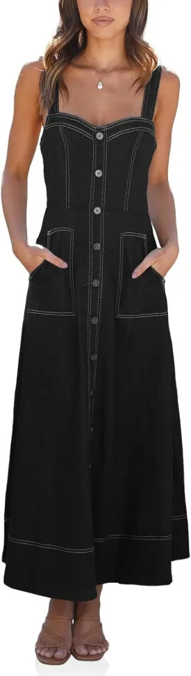 Fisoew Women's Long Denim Dress Sleeveless Adjustable Straps A Line Maxi Dress with Pockets