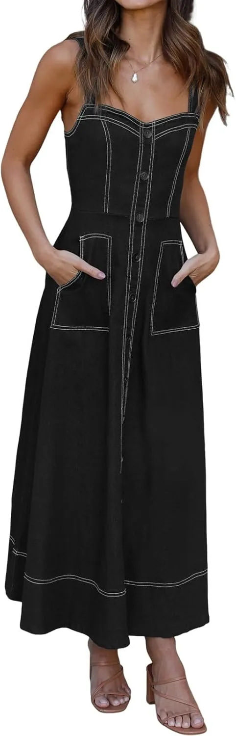 Fisoew Women's Long Denim Dress Sleeveless Adjustable Straps A Line Maxi Dress with Pockets